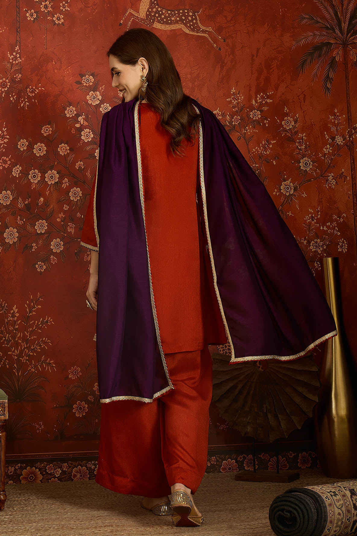 Vichitra Silk Embroidery Work Palazzo Pant Suit In Rust Colour NCSS1113640
