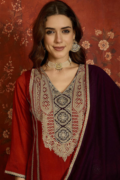 Vichitra Silk Embroidery Work Palazzo Pant Suit In Rust Colour NCSS1113640