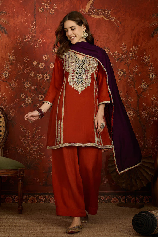 Vichitra Silk Embroidery Work Palazzo Pant Suit In Rust Colour NCSS1113640