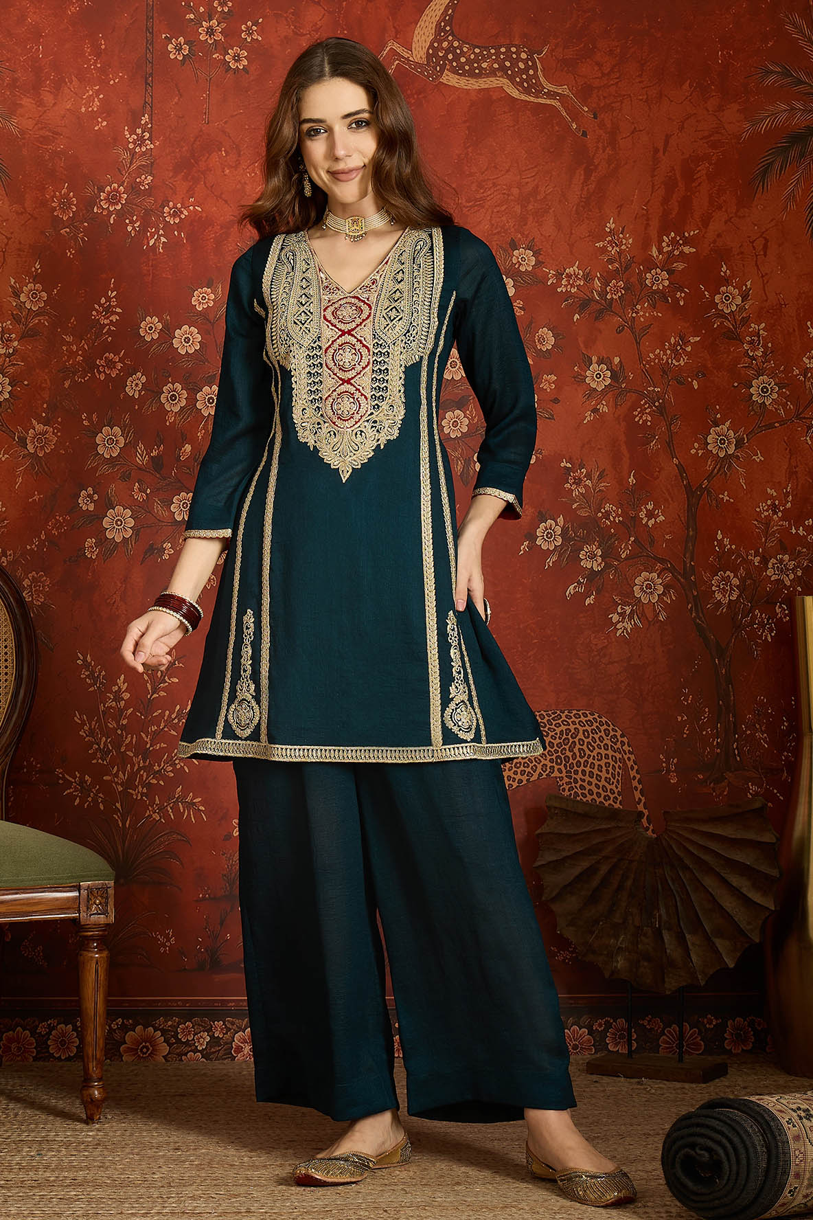 Vichitra Silk Embroidery Work Palazzo Pant Suit In Teal Colour NCSS1113639