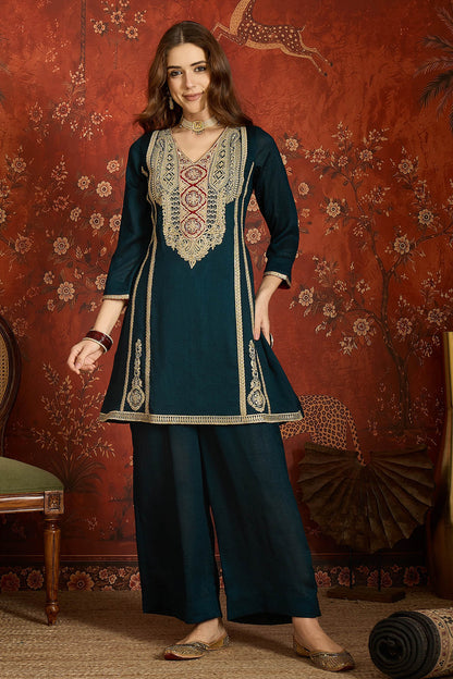 Vichitra Silk Embroidery Work Palazzo Pant Suit In Teal Colour NCSS1113639