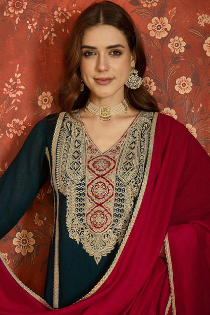 Vichitra Silk Embroidery Work Palazzo Pant Suit In Teal Colour NCSS1113639
