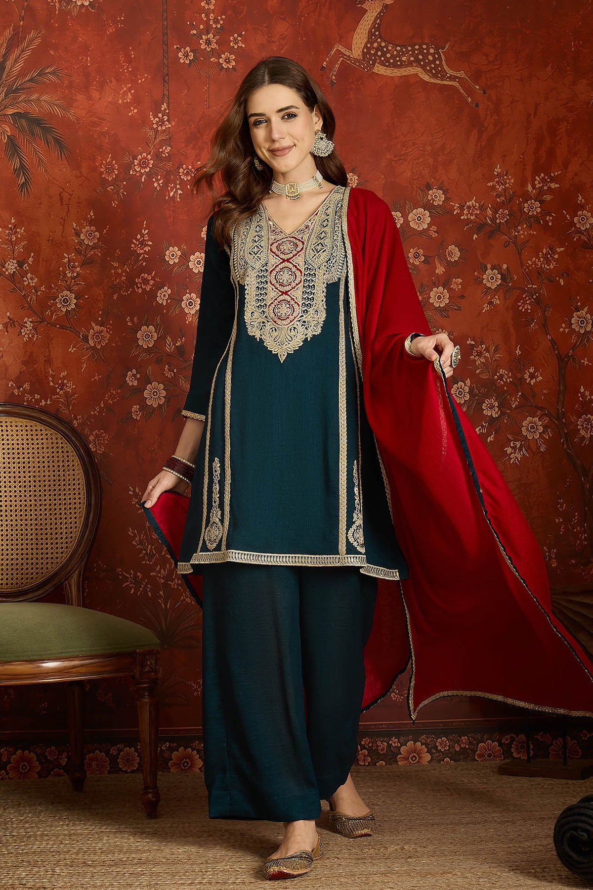 Vichitra Silk Embroidery Work Palazzo Pant Suit In Teal Colour NCSS1113639