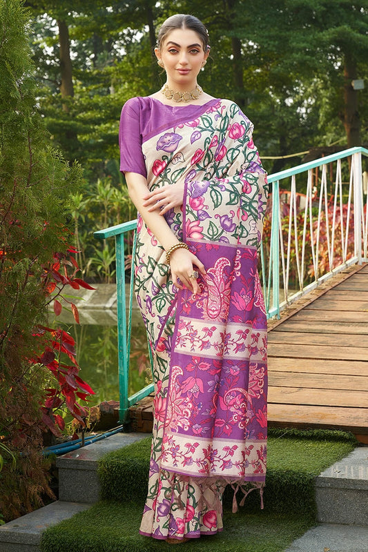 Violet Tussar Silk Printed Saree NCSD11111545
