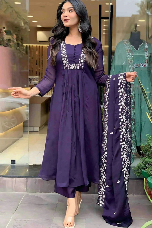 Voilet Silk Embroidery Pant Style Suit NCSS11110362
