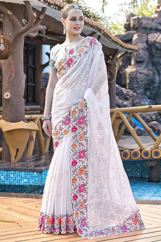 White Burberry Silk Designer Saree NCSD11210251
