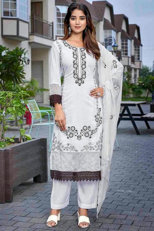 White Chanderi Embroidery Pant Style Suit NCSS11110373