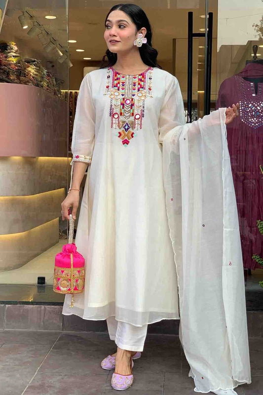 White Chanderi Silk Stitched Suit NCSS11110677