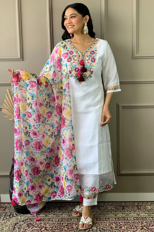 White Chanderi Stitched Salwar Suit NCSS11111568