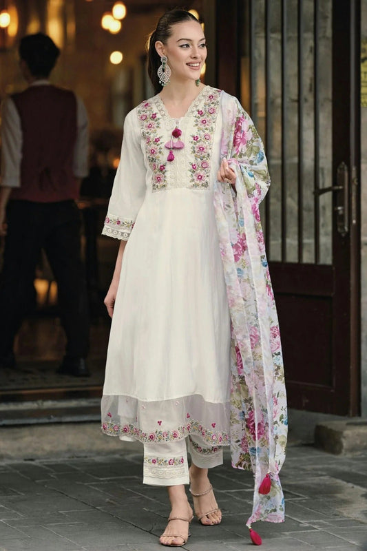 White Chanderi Stitched Salwar Suit NCSS11111897