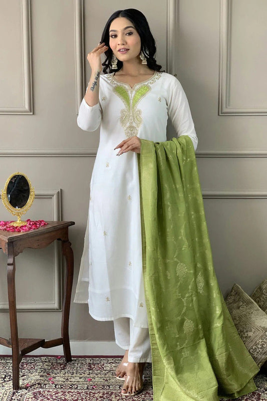 White Chanderi Viscose Stitched Salwar Suit NCSS11111612