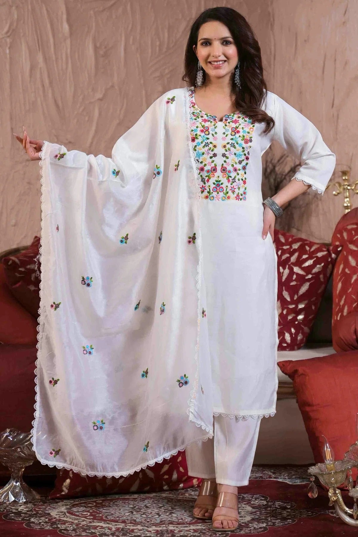 White Chanderi with Cotton Lining Stitched Pant Style Suit NCSS11110190