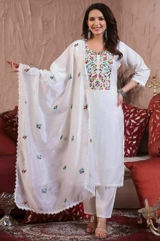 White Chanderi with Cotton Lining Stitched Pant Style Suit NCSS11110190