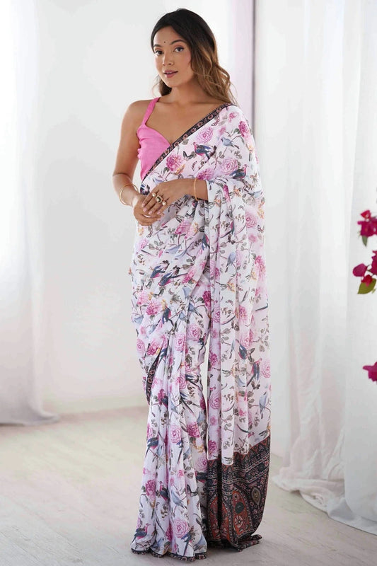 White Chinon Printed Saree NCSD11110133