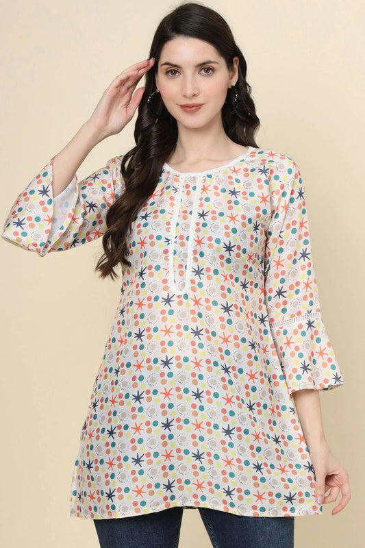 White Cotton Printed Readymade Top  NCTP11112297