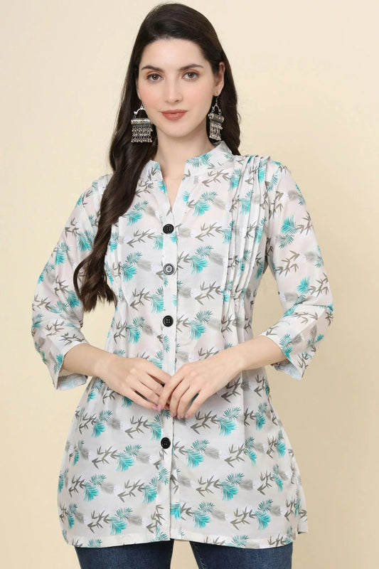 White Cotton Printed Readymade Top  NCTP11112302