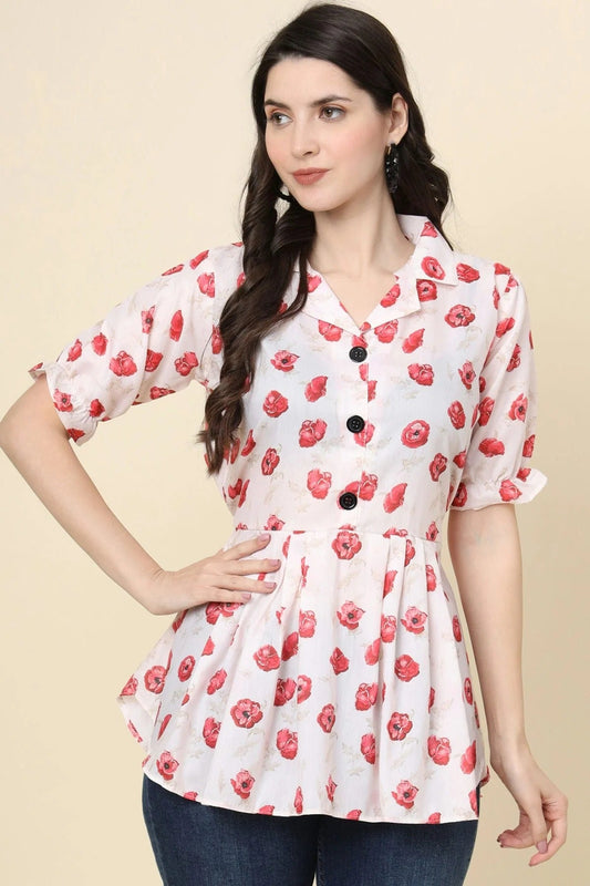 White Cotton Printed Readymade Top  NCTP11112308