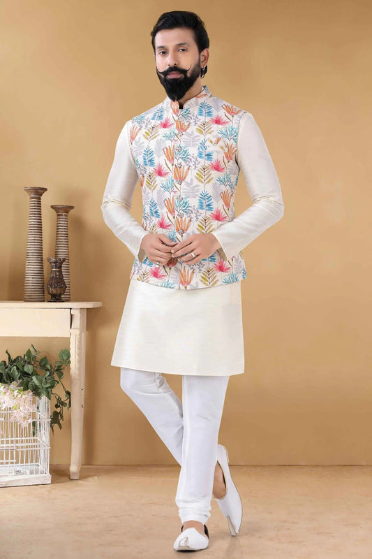 White Cotton Kurta PajamaWith Jacket  NCKP11310160