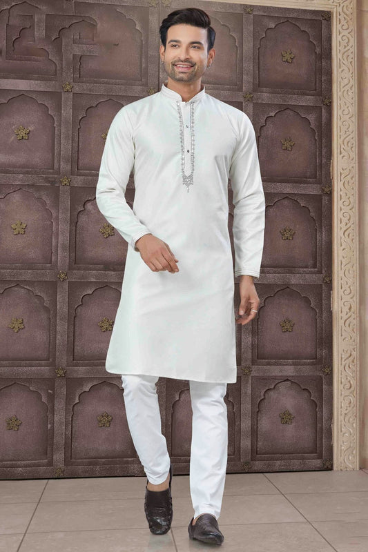 White Embroidery Cotton Kurta Pajama NCKP11110528