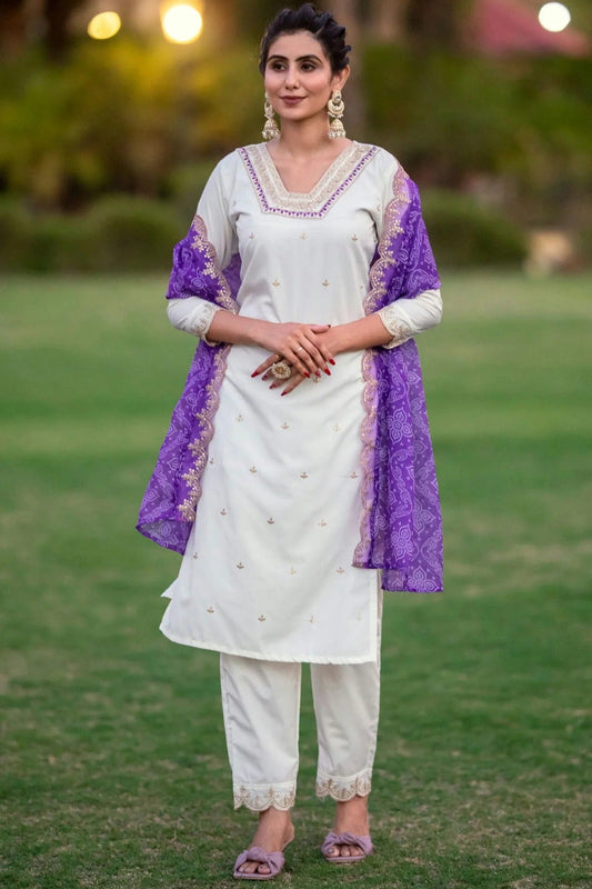 White Embroidery Roman Silk Stitched Suit NCSS11111280