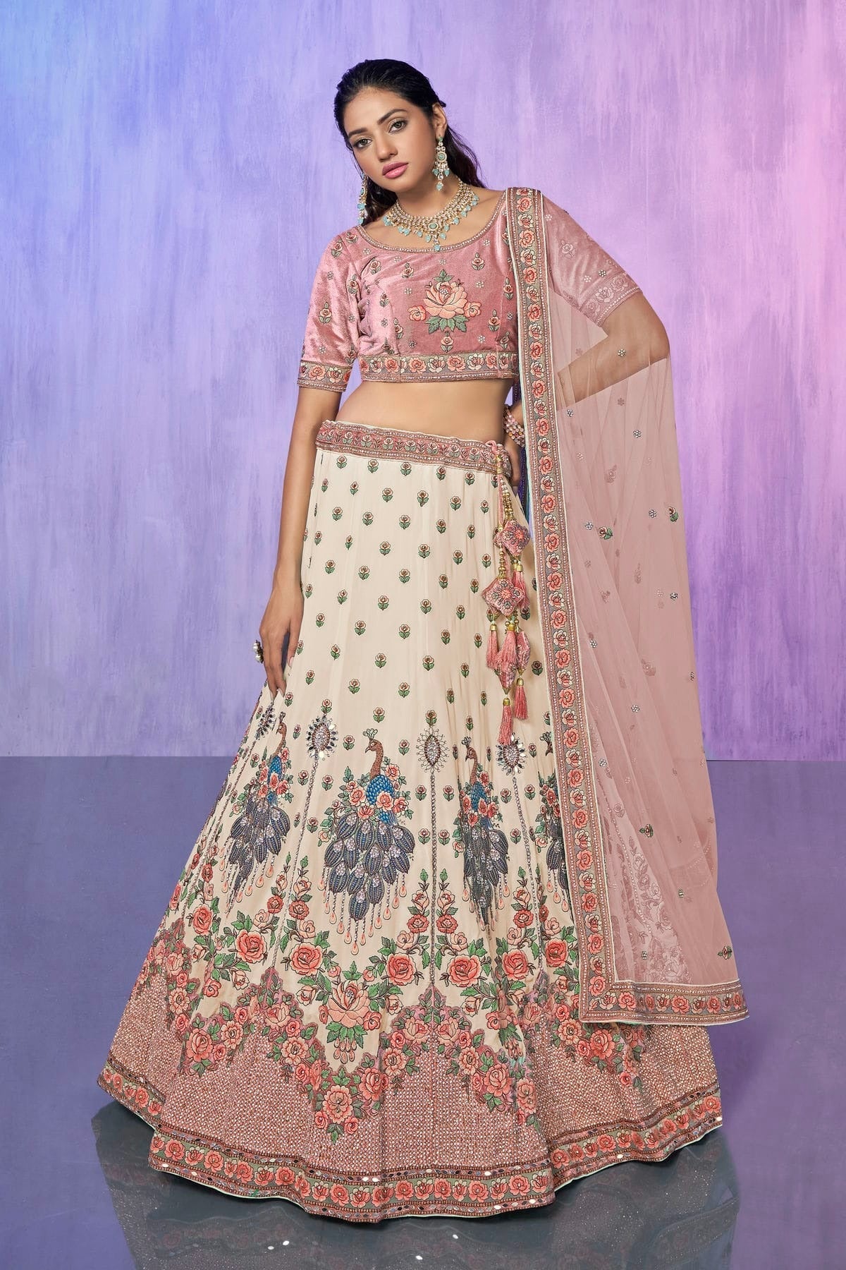 White Embroidery Velvet Lehenga Choli NCLD10810298