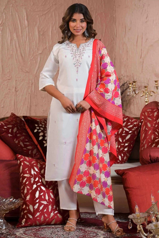 White Embroidery Viscose Chanderi Pant Style Suit NCSS11110498