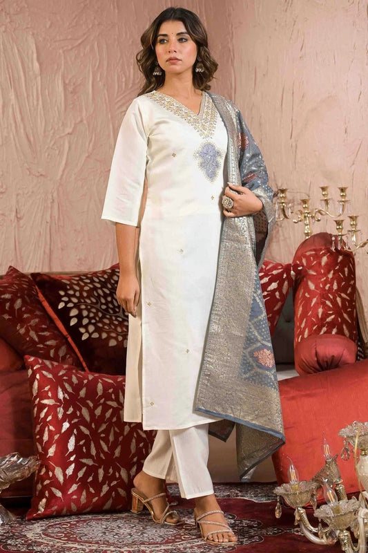 White Embroidery Viscose Chanderi Pant Style Suit NCSS11110500