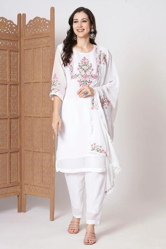 White Faux Georgette Stitched Salwar Suit NCSS11111928