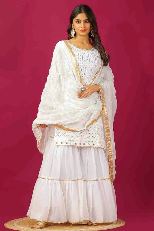 White Faux Georgette Stitched Sharara Suit NCSS11410176