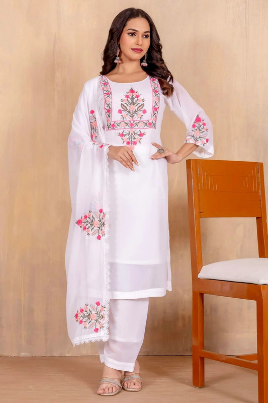 White Faux Georgette Stitched Suit NCSS11111439