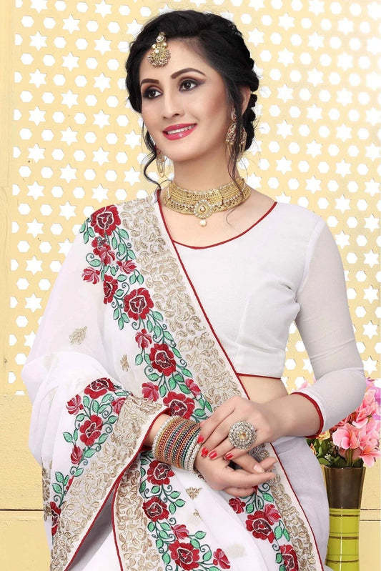 White Georgette Embroidered Saree NCSD11210601