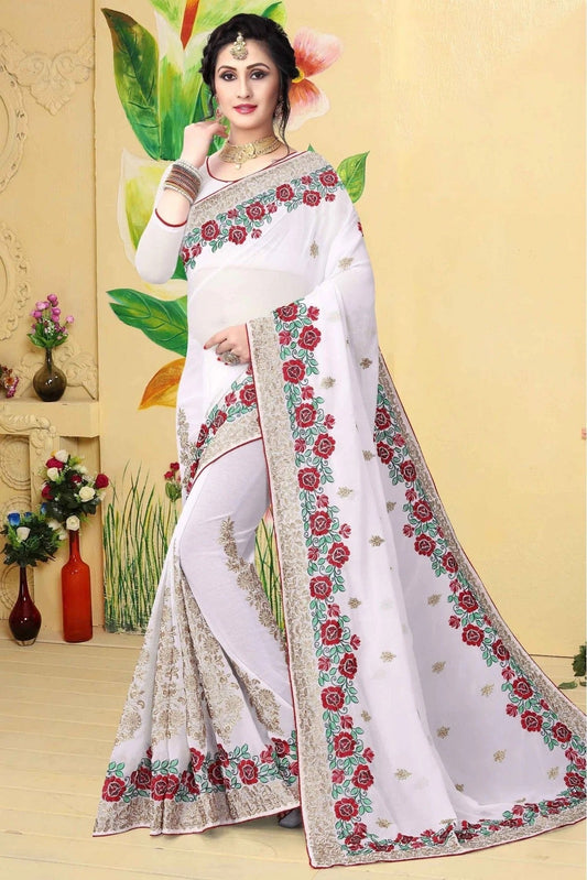 White Georgette Embroidered Saree NCSD11210601