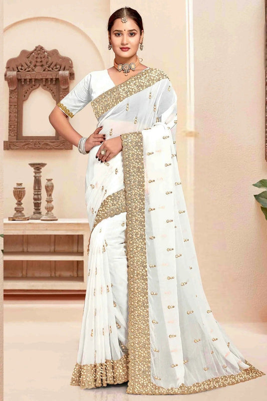 White Georgette Embroidery Designer Saree NCSD10910110