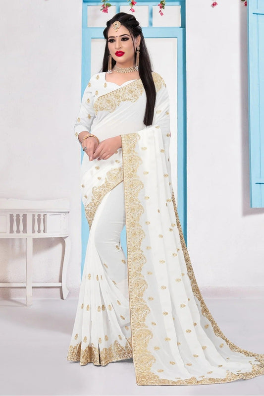White Georgette Embroidery Saree NCSD10910552