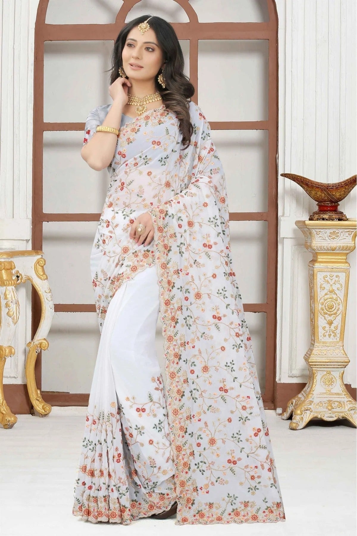 White Georgette Embroidery Saree NCSD10910634