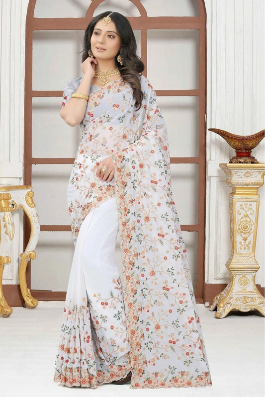 White Georgette Embroidery Saree NCSD10910634