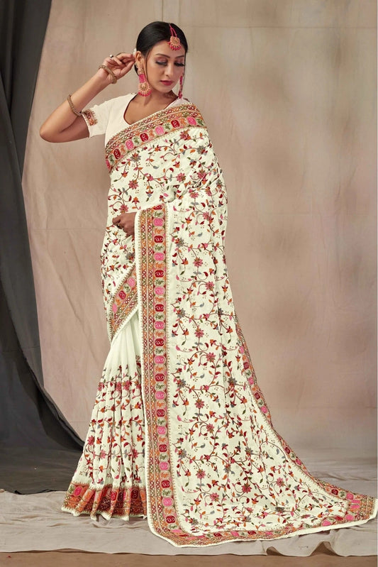 White Georgette Embroidery Saree NCSD11210854