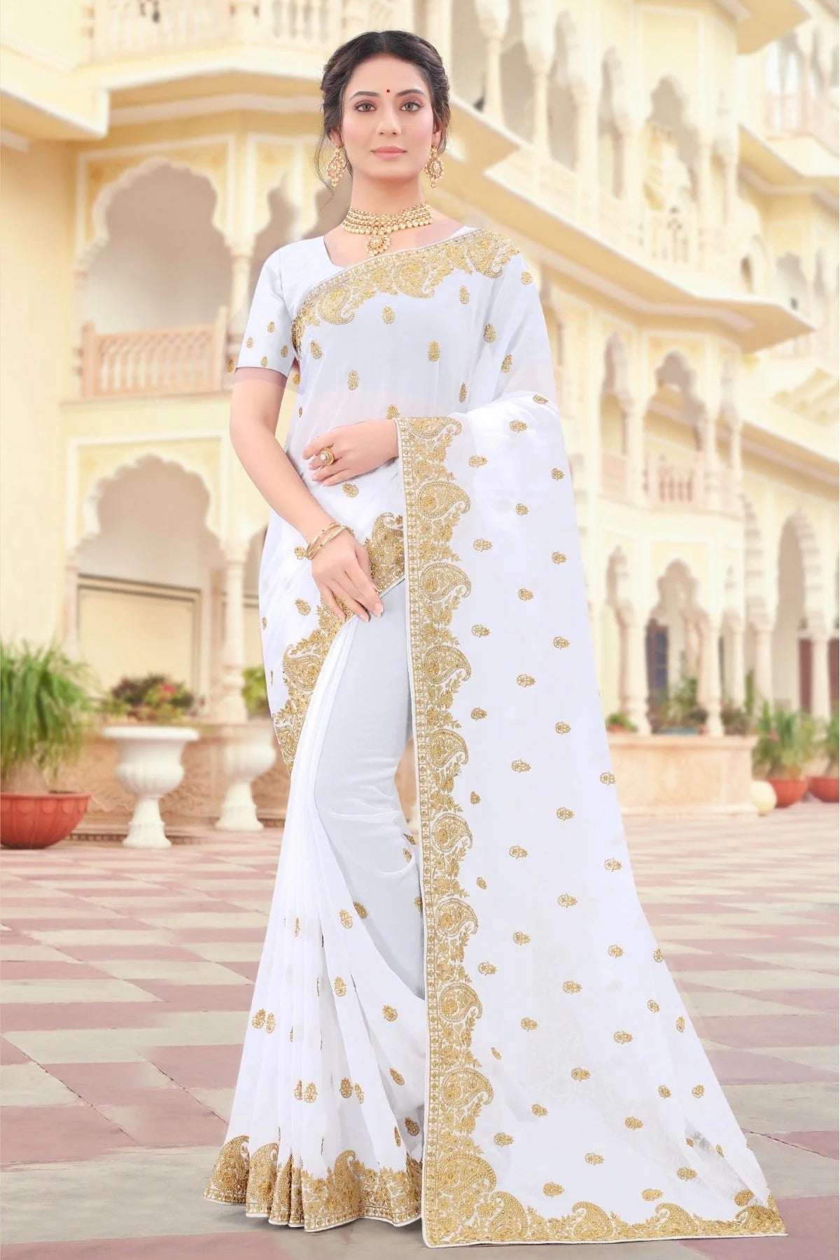 White Georgette Resham Saree NCSD10910680