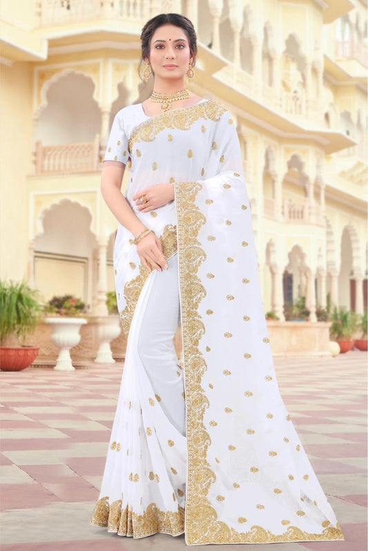 White Georgette Resham Saree NCSD10910680