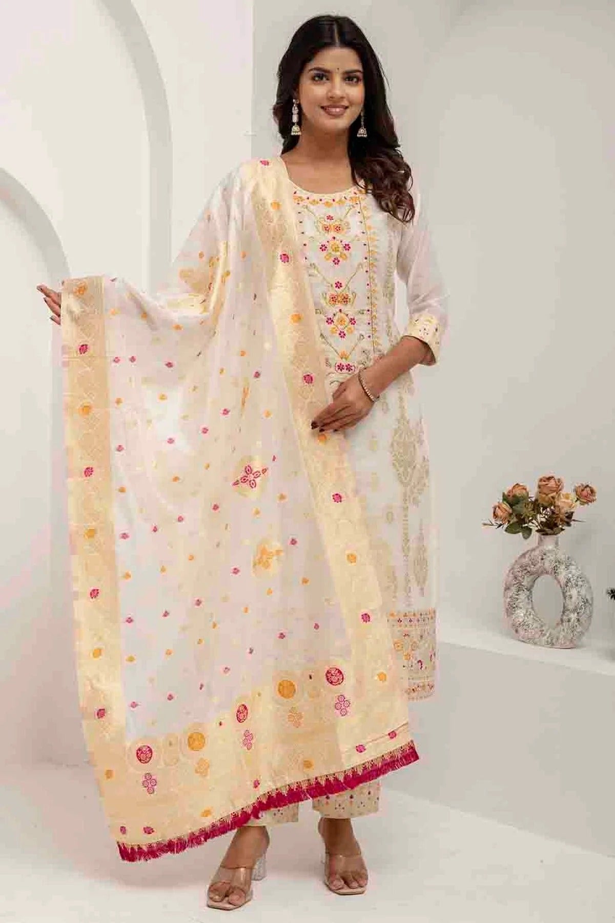 White Jacquard Silk Woven and Hand Pant Style Suit NCSS11110320