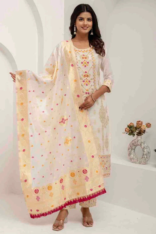 White Jacquard Silk Woven and Hand Pant Style Suit NCSS11110320