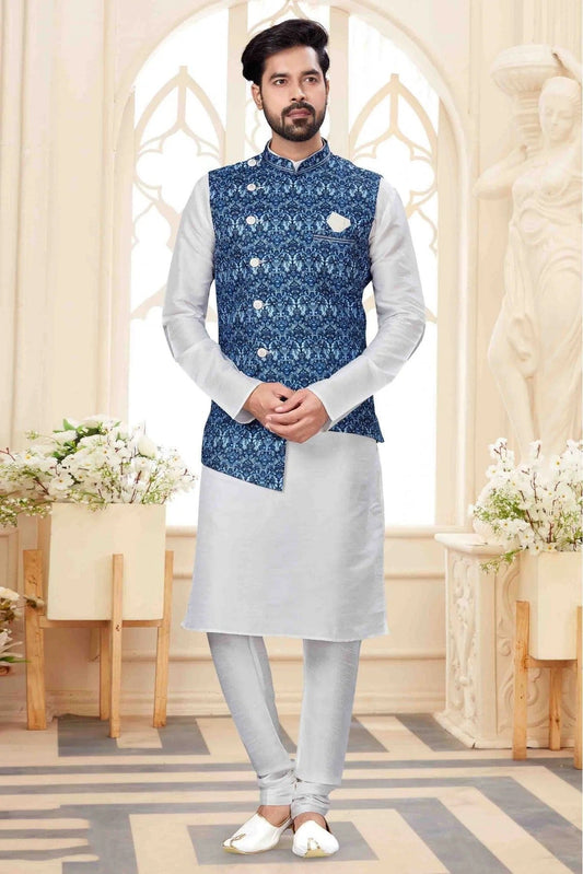 White Kurta PajamaWith Jacket In Silk Dupion NCKP10410715