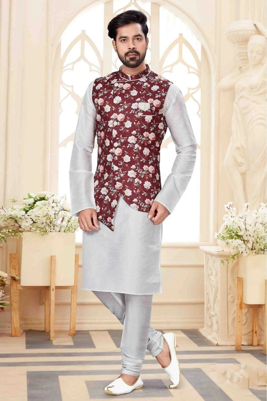 White Kurta PajamaWith Jacket In Silk Dupion NCKP10410716