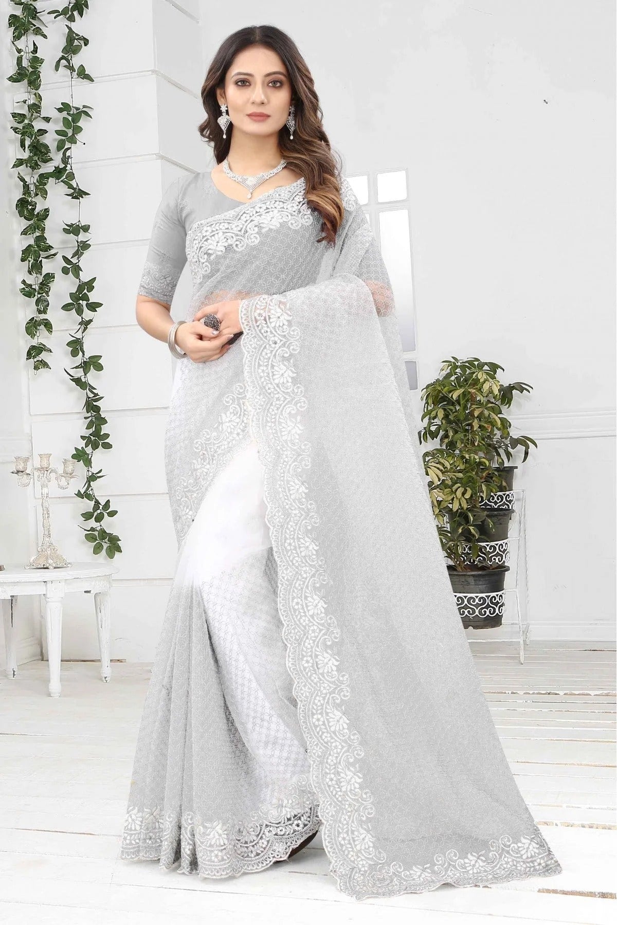 White Net Designer Saree NCSD10910595
