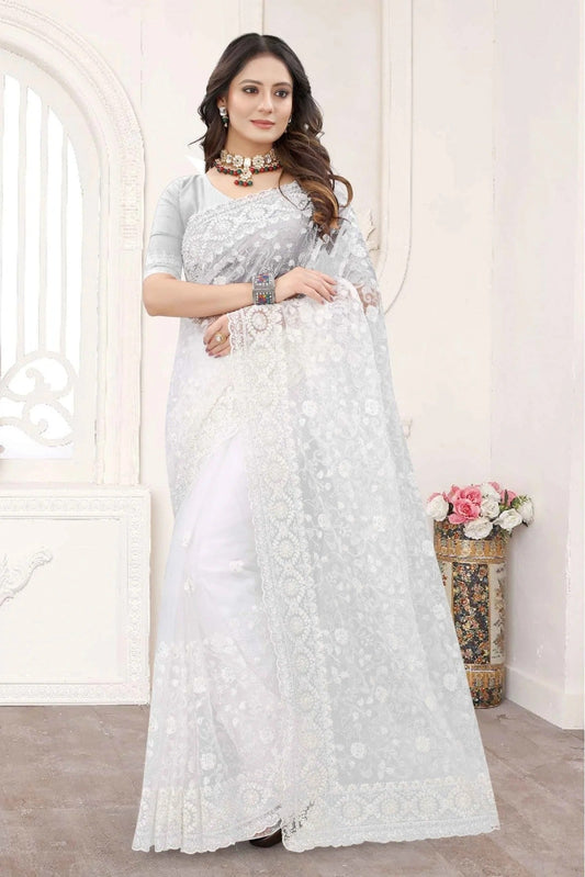 White Net Designer Saree NCSD10910606