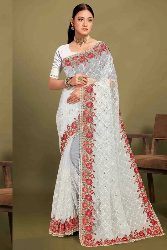 White Net Embroidery Designer Saree NCSD10910116