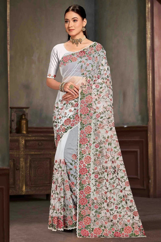 White Net Embroidery Designer Saree NCSD10910121