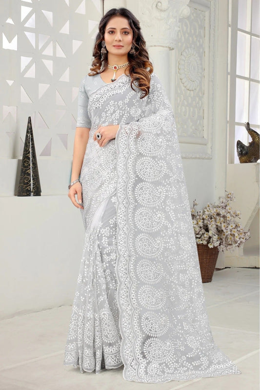 White Net Embroidery Saree NCSD10910592