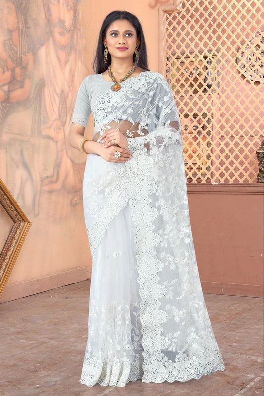 White Net Embroidery Saree NCSD10910671
