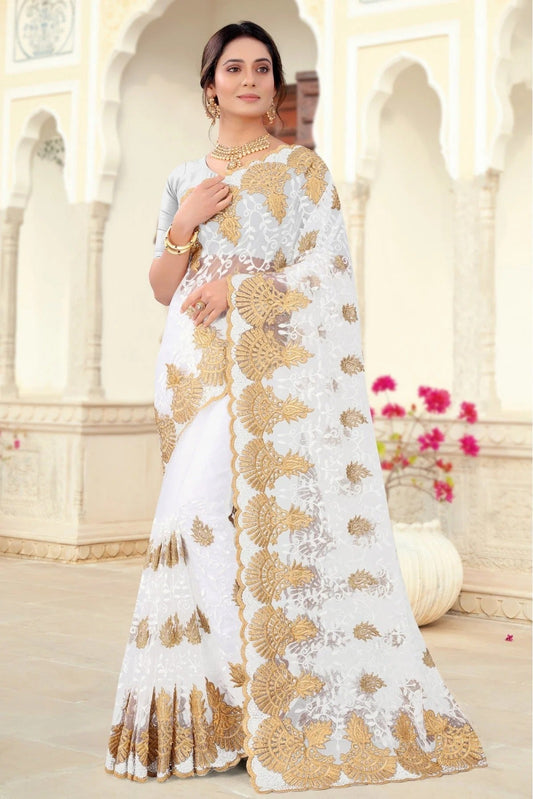 White Net Embroidery Saree NCSD10910686